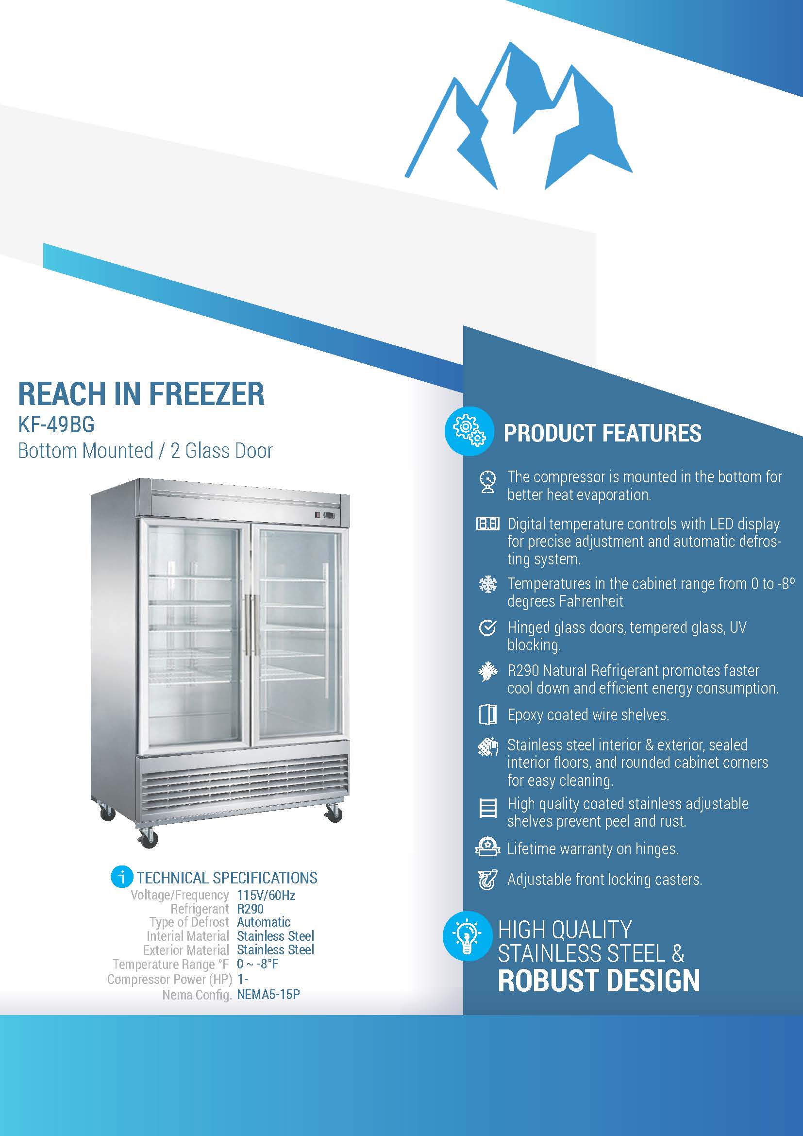 Chef AAA - KF-49BG, 55" 2 Glass Door Reach-in Freezer 40.72cu.ft NSF