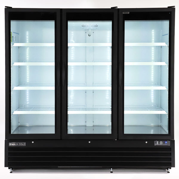 MXGDM-73FBHC Maxx Cold Triple Glass Door Merchandiser Freezer, Large Storage Capacity, 73 cu. ft., in Black