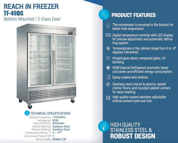 Chef AAA - TF-49BG, 55" 2 Glass Door Reach-in Freezer 40.7 cu. ft.