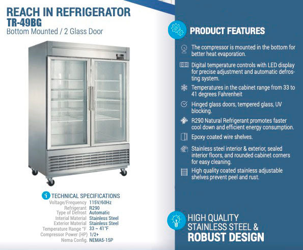 Chef AAA - TR-49BG, 55" 2 Glass Door Reach-in Refrigerator 41.7 Cu. ft.