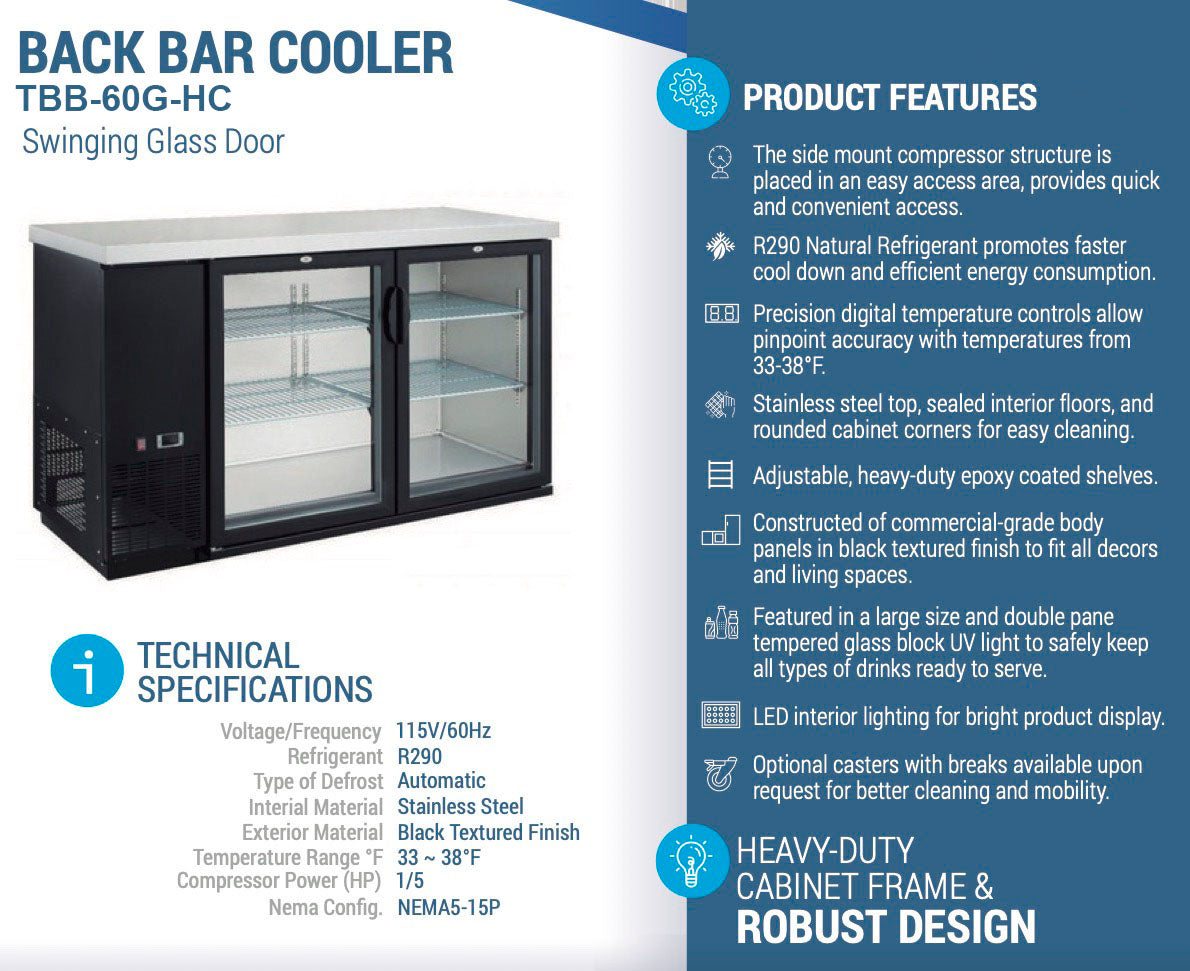 Chef AAA - TBB-60G-HC, Commercial 61" Glass Door Back Bar Refrigerator 15.2 cu.ft.