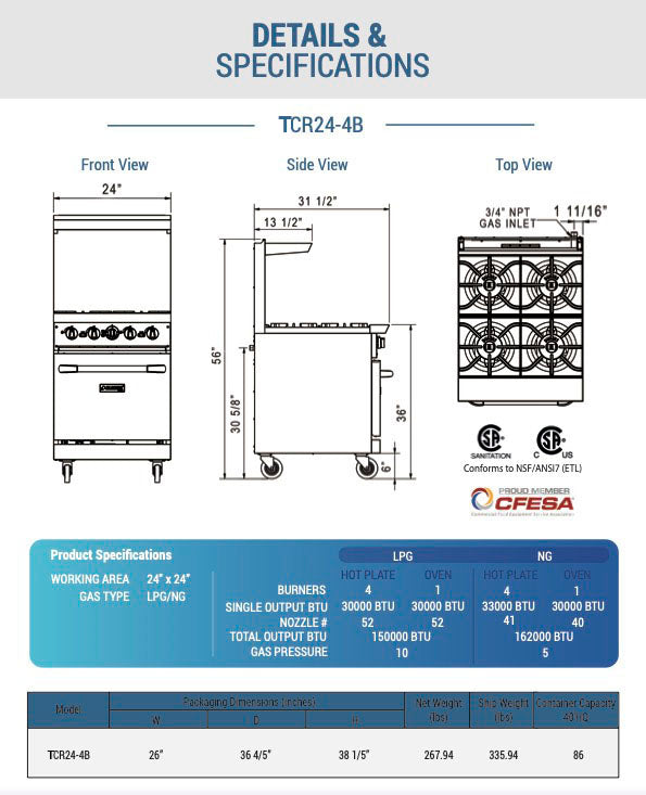 Chef AAA - TCR24-4B, Commercial 24" Oven Range Four Open Burners Natural Gas