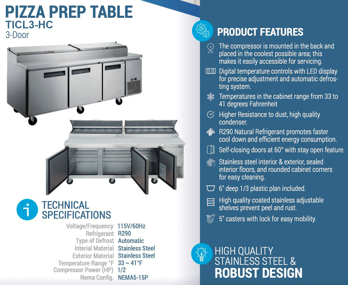 Chef AAA - TICL3-HC, Commercial 90" Pizza Prep Table Refrigerator 12 Pans 3 Door Stainless Steel 24.8 cu.ft.