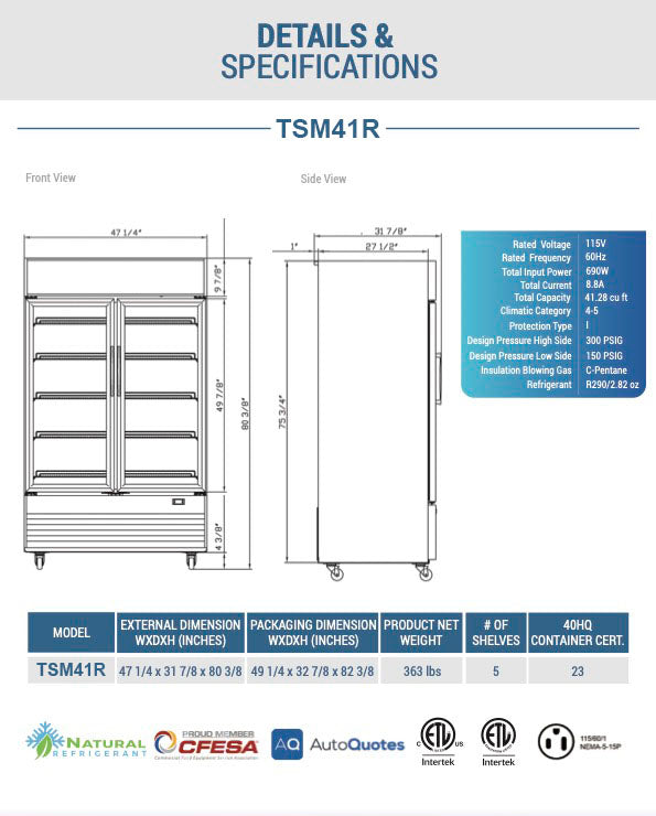 Chef AAA - TSM41R, Commercial 47" 2 Glass Door Refrigerator 41.2 cu. ft.