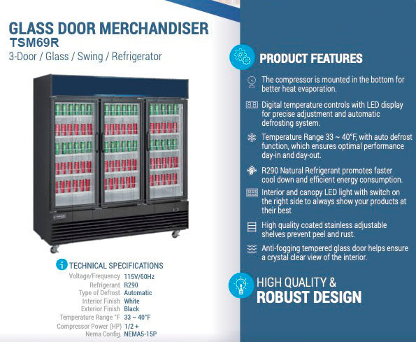Chef AAA - TSM69R, Commercial 78" 3 Glass Door Refrigerator 69.43 cu.ft.