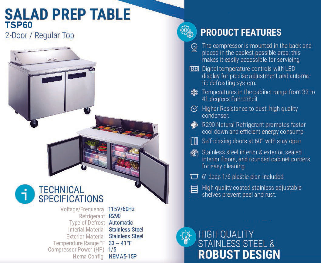 Chef AAA - TSP60, Commercial 60" 16 Pan Salad Sandwich Food Prep Table Refrigerator
