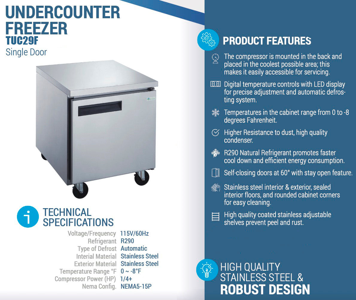 Chef AAA - TUC29F, Commercial 30" Undercounter Worktop Freezer 7 cu.ft NSF