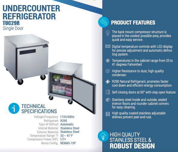 Chef AAA - TUC29R, Commercial 29" Undercounter Worktop Refrigerator 7 cu.ft. NSF