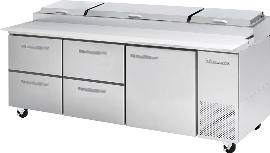 Blue Air - BAPP93-D4LM-HC, 4 Drawers 1 Door (R) All Stainless Pizza Prep.Table, 93-3/8" wide, 30.8 cu/ft. - (12) 1/3 Pans - By Others, R-290 Refrigerant