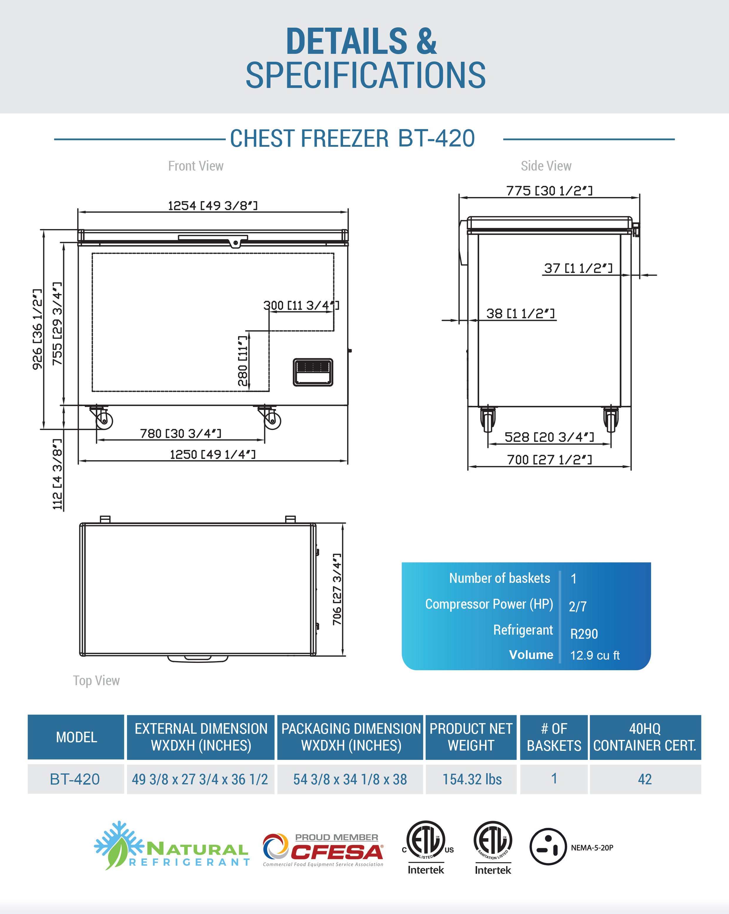 Chef AAA - BT-420, 49" Chest Freezer With Solid Door