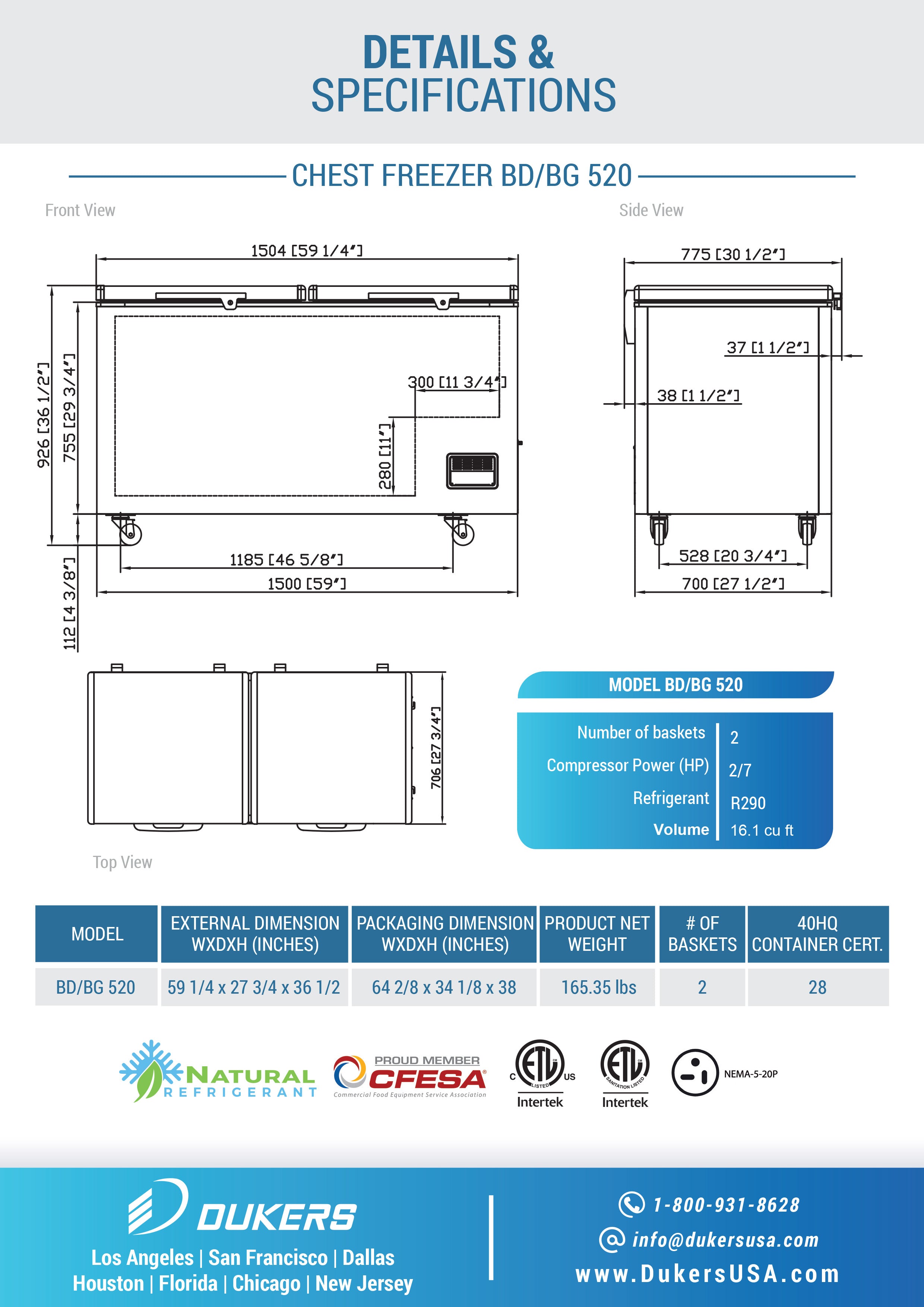 Dukers - BD/BG-520, 59" Chest Freezer With Solid Door