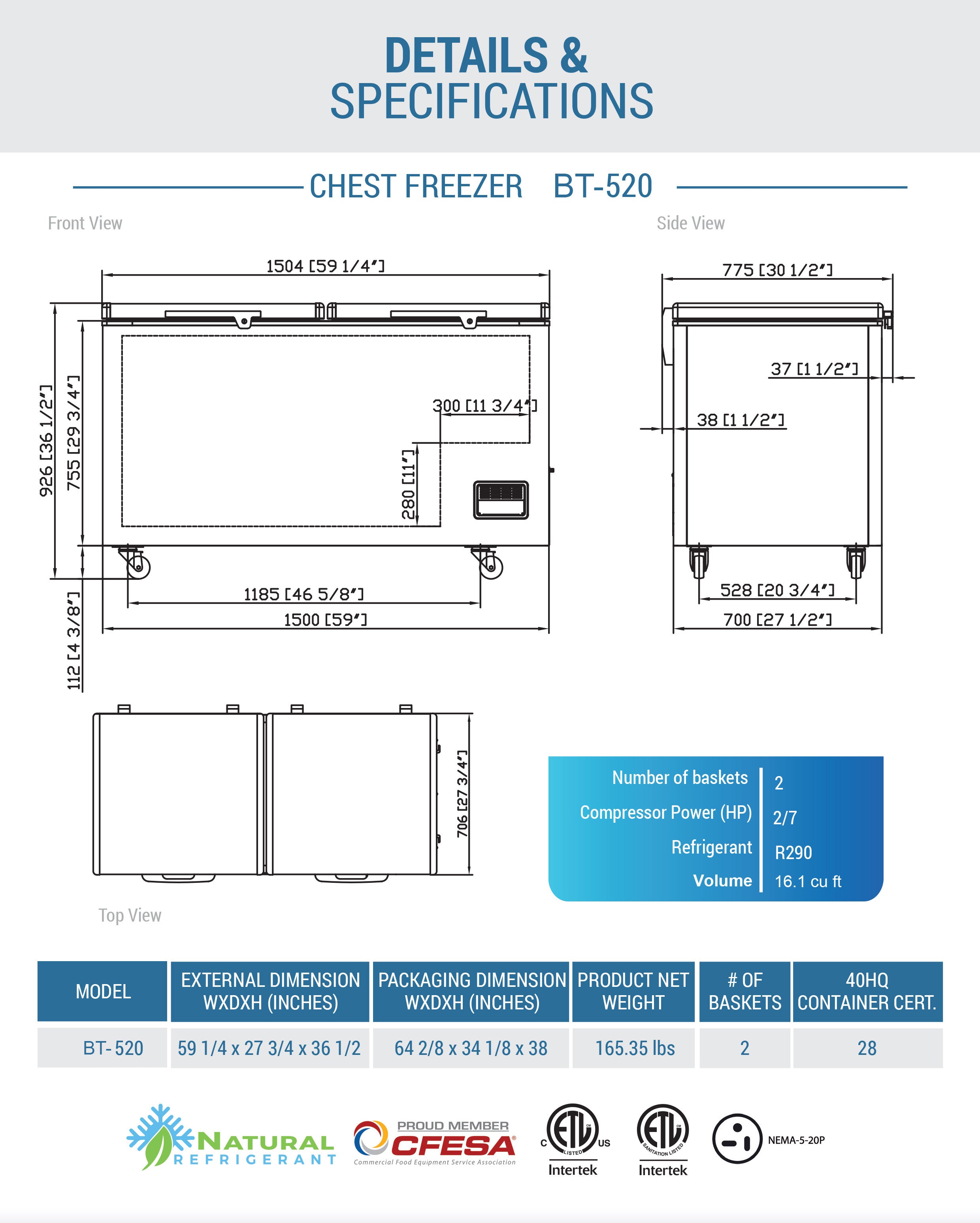 Chef AAA -BT-520, 59" Chest Freezer With Solid Door