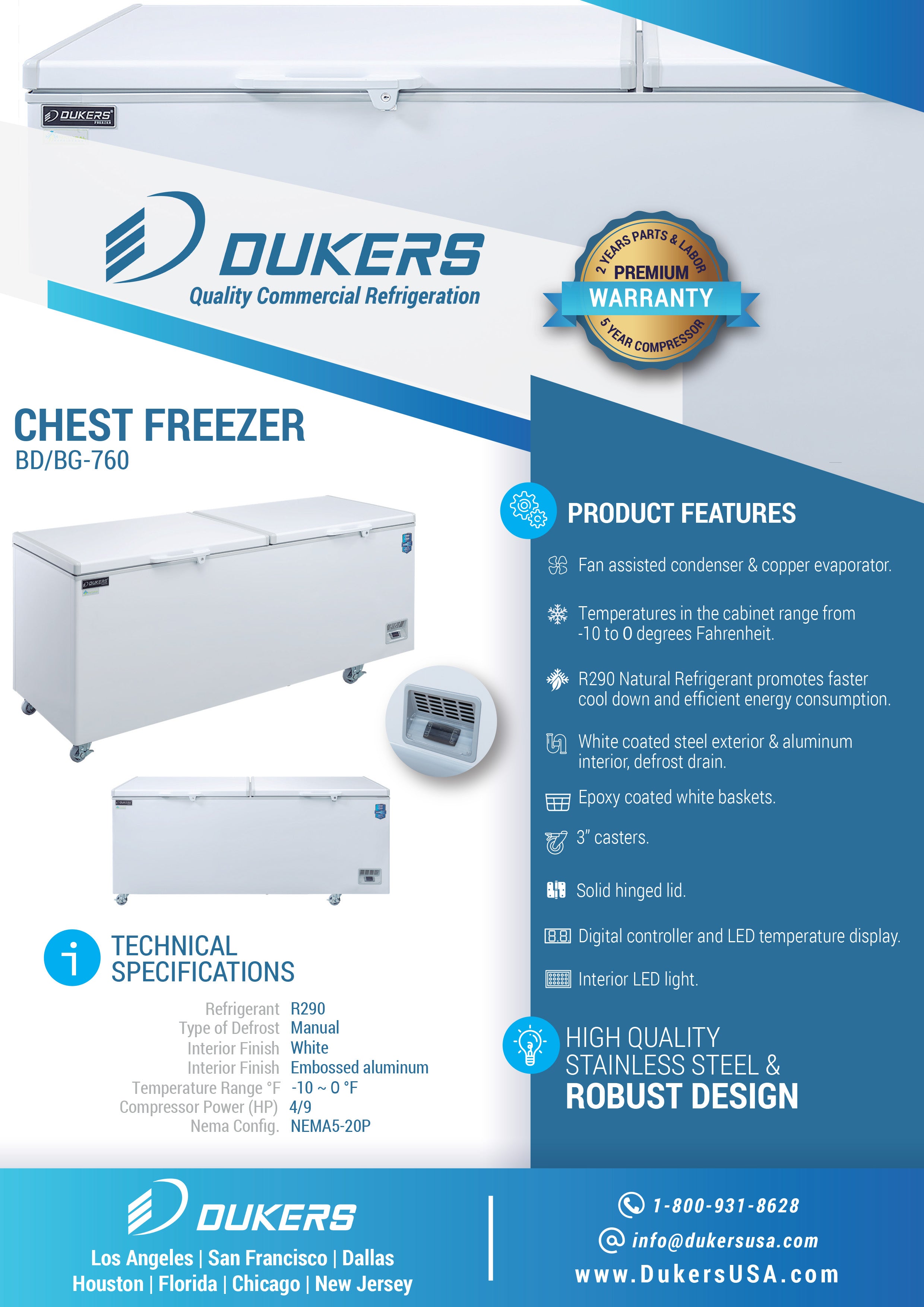 Dukers - BD/BG-760, 85" Chest Freezer With Solid Door