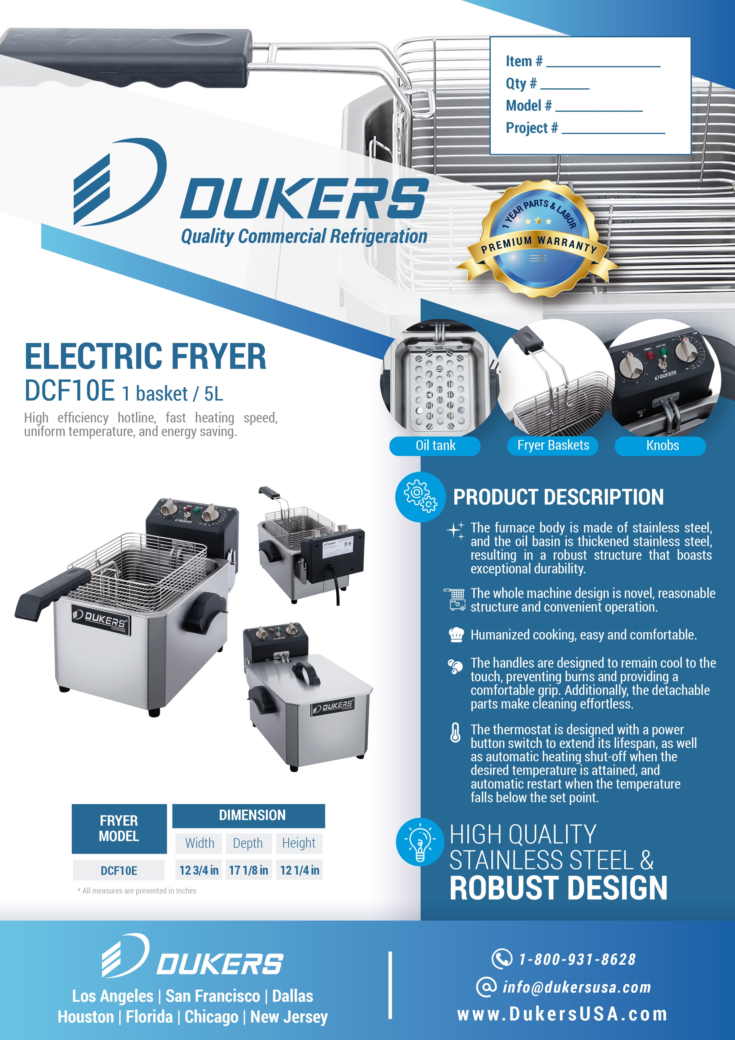 Dukers - DCF10E, 10lb One Basket Electric Countertop Deep Fryer