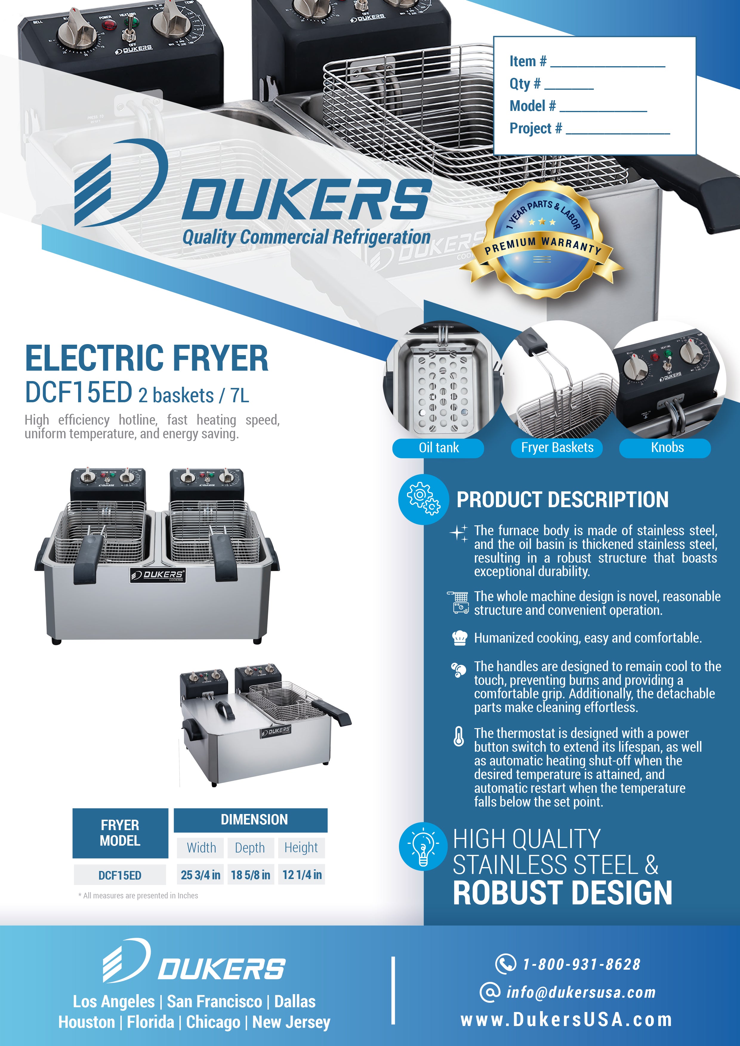 Dukers - DCF15ED, 30lb Two Basket Electric Countertop Deep Fryer