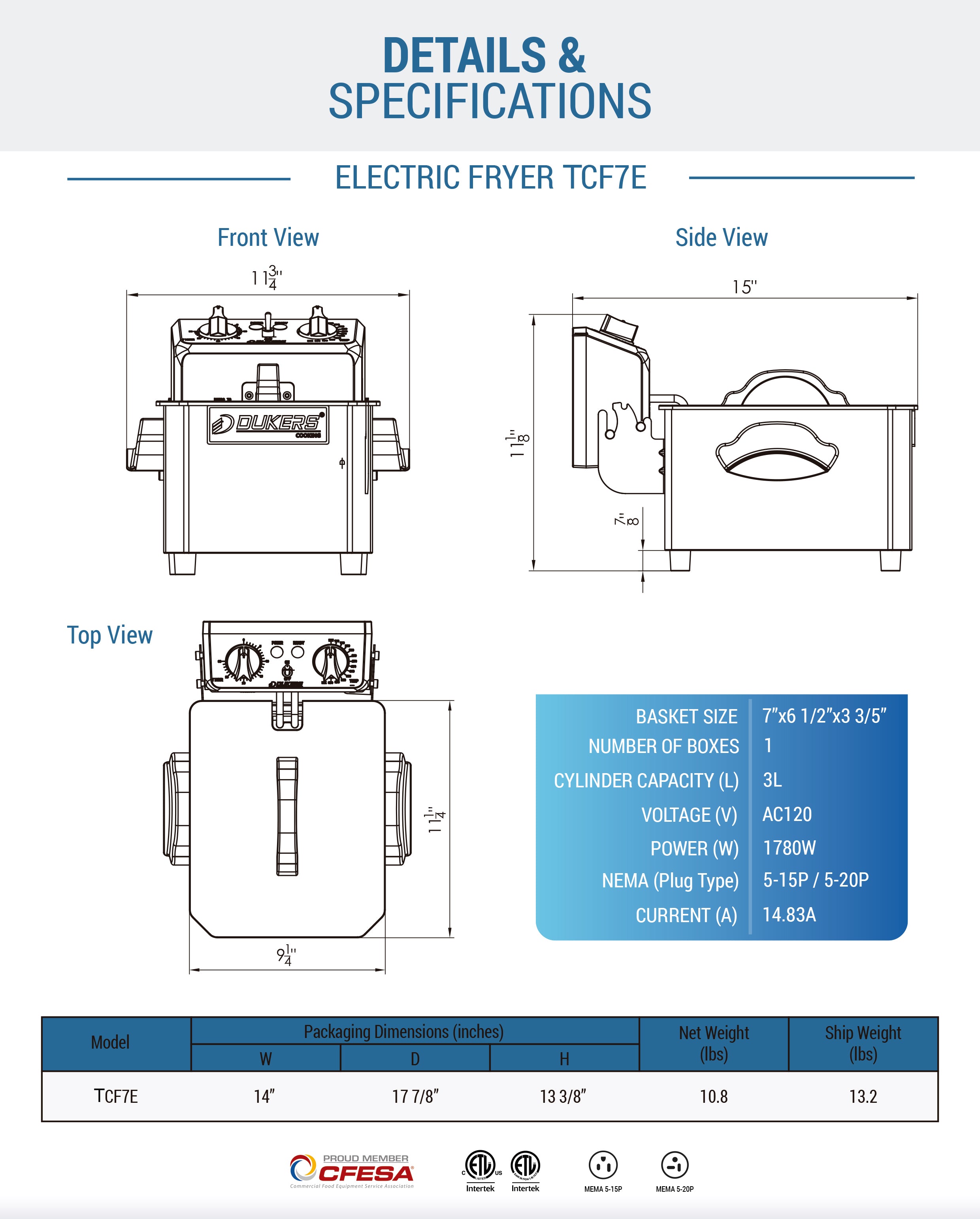 Chef AAA - TCF7E, 7lb Single Basket Electric Countertop Deep Fryer