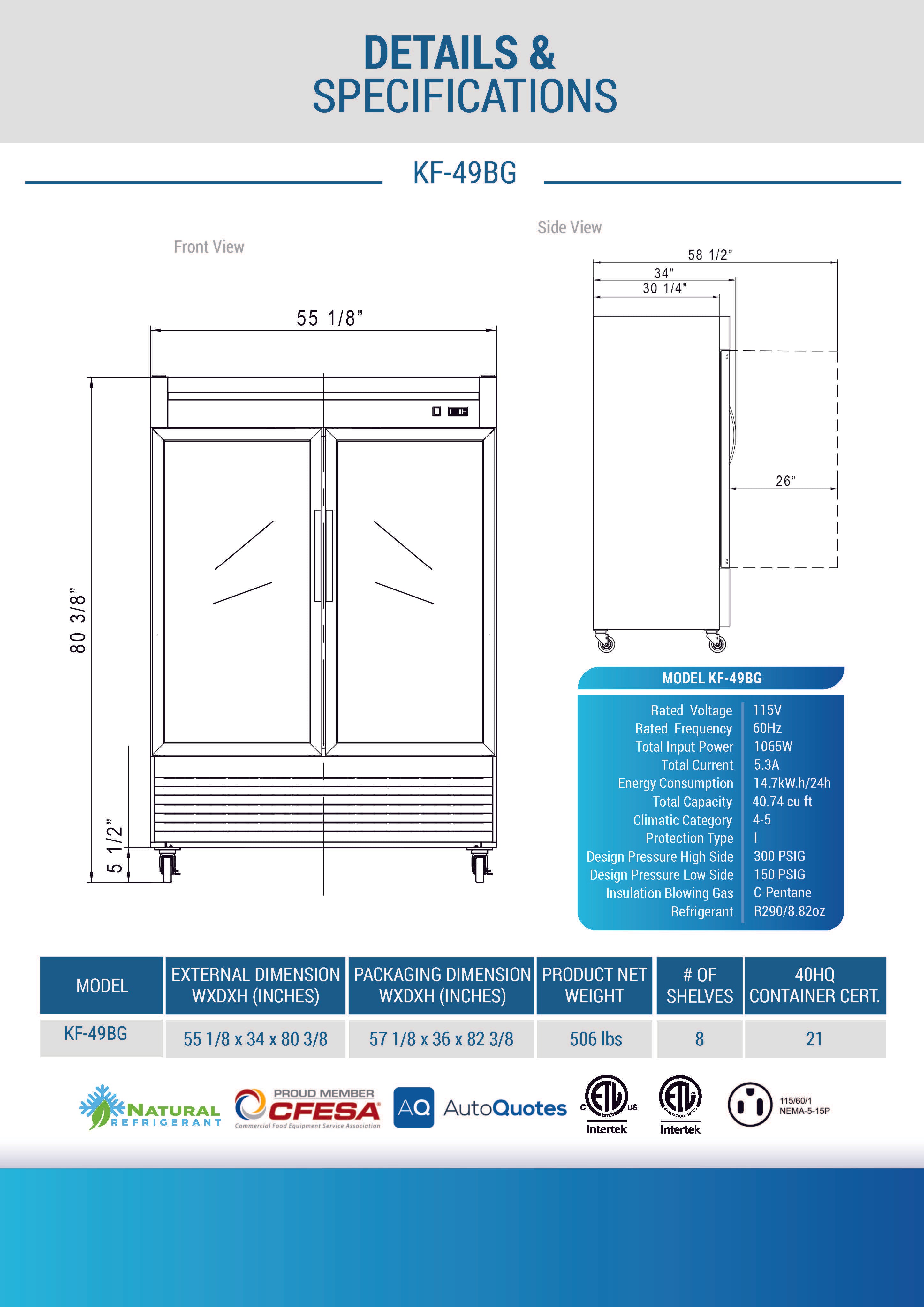 Chef AAA - KF-49BG, 55" 2 Glass Door Reach-in Freezer 40.72cu.ft NSF