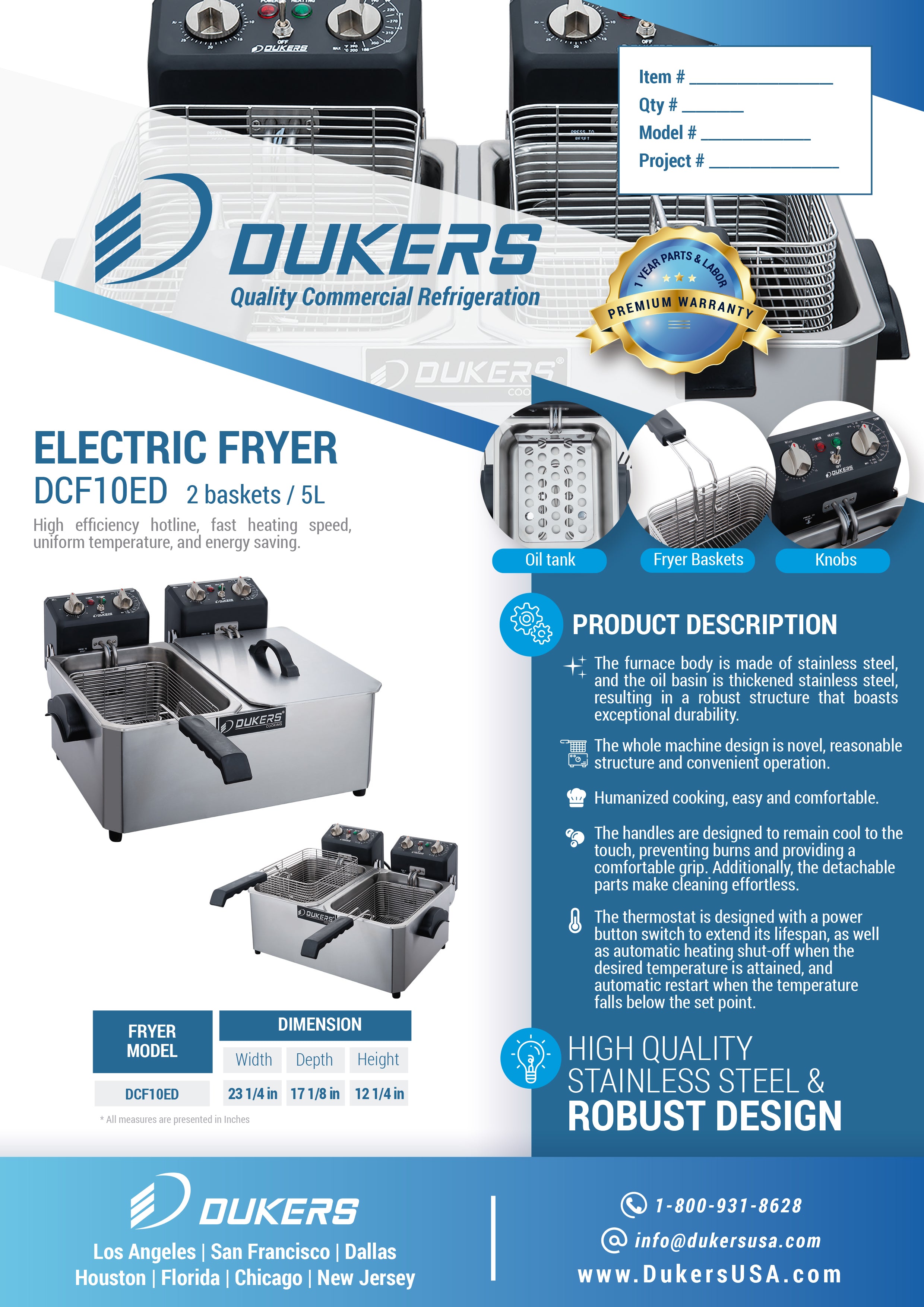 Dukers - DCF10ED, 20lb Two Basket Electric Countertop Deep Fryer