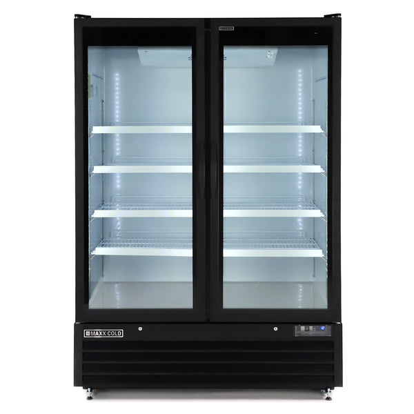 MXGDM-50FBHC Maxx Cold Double Glass Door Merchandiser Freezer, Large Storage Capacity, 50 cu. ft., in Black