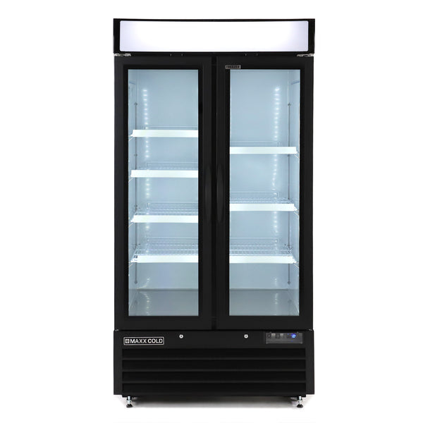 MXM2-36FBHC Maxx Cold Double Glass Door Narrow Width Merchandiser Freezer, Swing Style Door, 36 cu. ft., Black