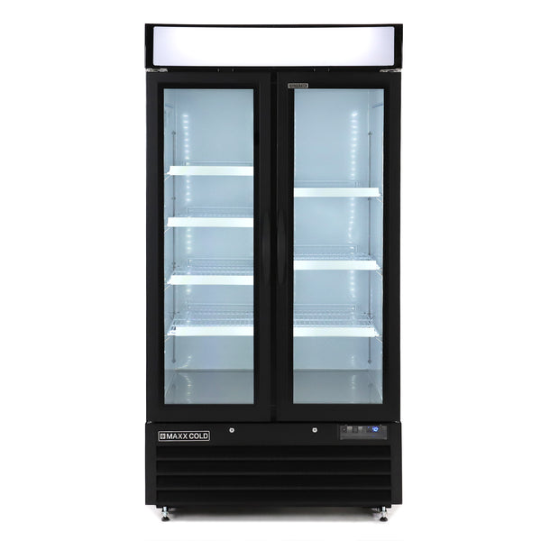 Maxx Cold - MXM2-36RBHC Narrow Width Glass Door Merchandiser Refrigerator, Double Door, Black