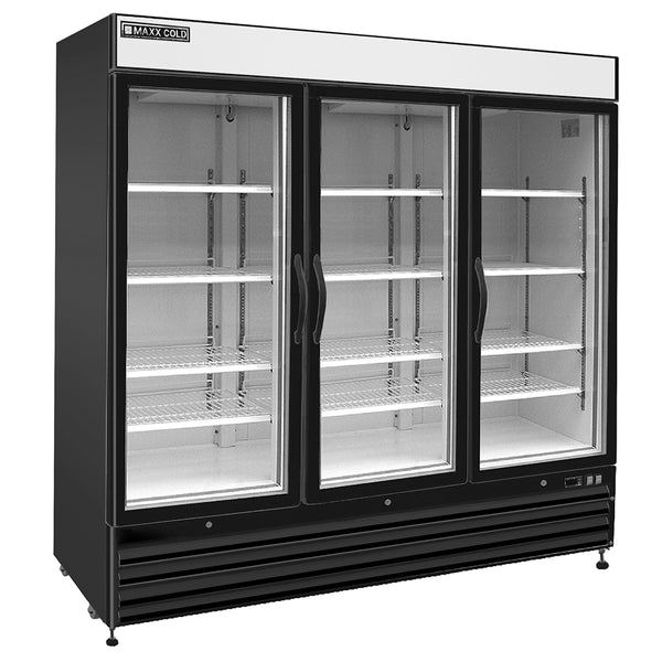 MXM3-72RBHC Maxx Cold Triple Glass Door Merchandiser Refrigerator, Free Standing, 72 cu. ft., in Black