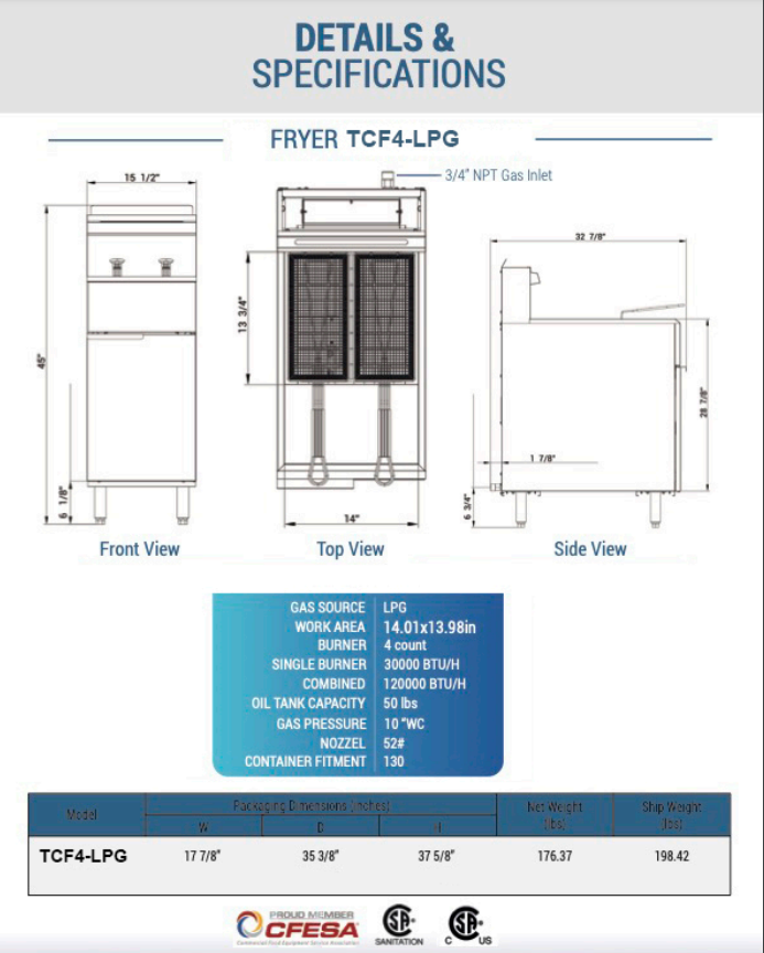 Chef AAA - TCF4-LPG, Commercial 50lbs Liquid Propane Gas Fryer with 4 Tube Burners