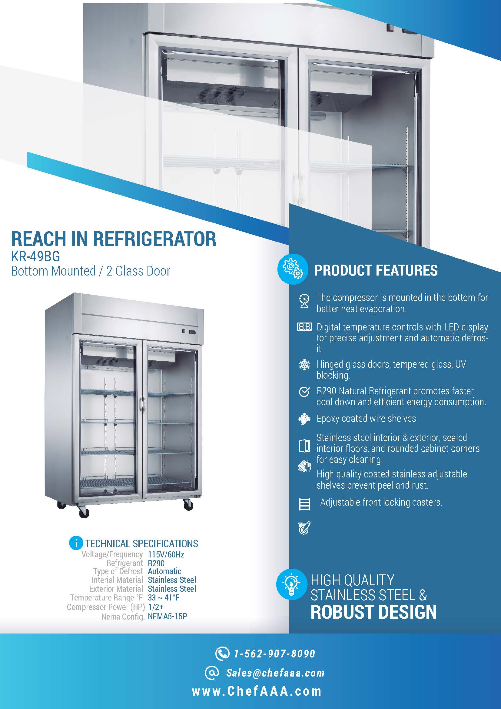 Chef AAA - KR-49BG, 55" 2 Glass Door Reach-in refrigerator 40.72cu.ft NSF