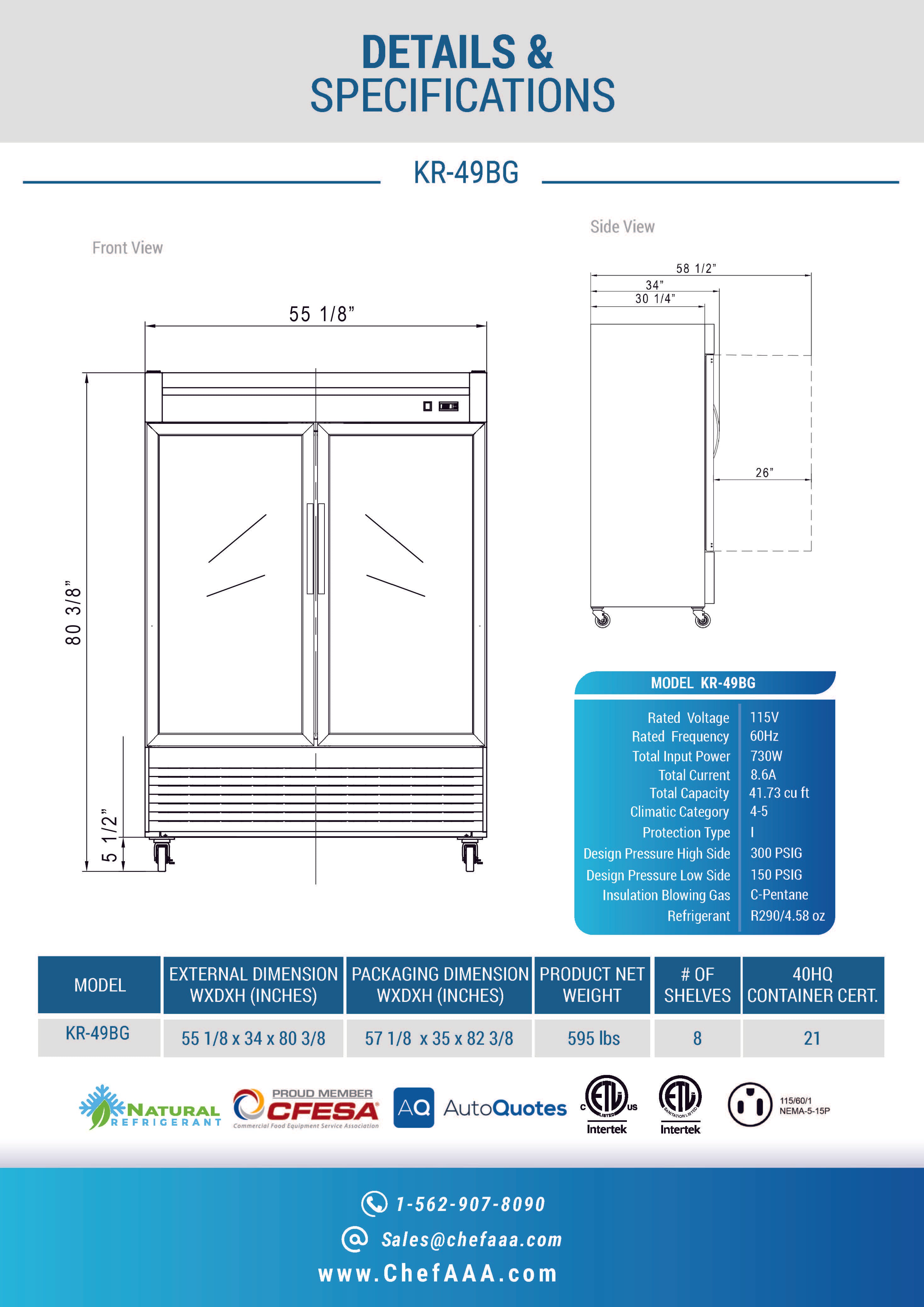 Chef AAA - KR-49BG, 55" 2 Glass Door Reach-in refrigerator 40.72cu.ft NSF