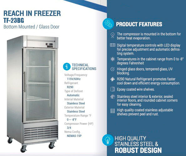 Chef AAA - TF-23BG, 27" 1 Glass Door Reach-in Freezer 17.7 cu. ft.