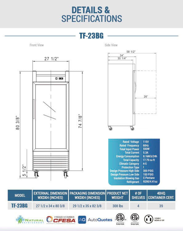 Chef AAA - TF-23BG, 27" 1 Glass Door Reach-in Freezer 17.7 cu. ft.