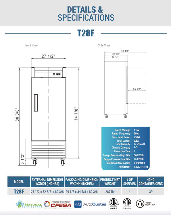 Chef AAA - T28F, Commercial 27" 1 Solid Door Reach-In Freezer 17.79 cu. ft.
