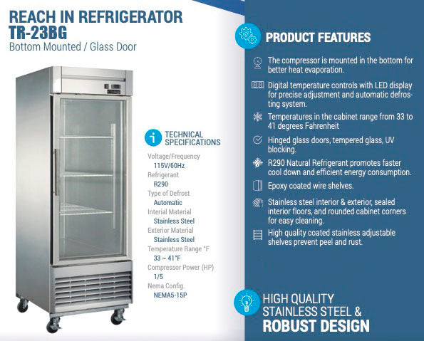 Chef AAA - TR-23BG, 27" 1 Glass Door Reach-in Refrigerator 17.7 cu. ft.