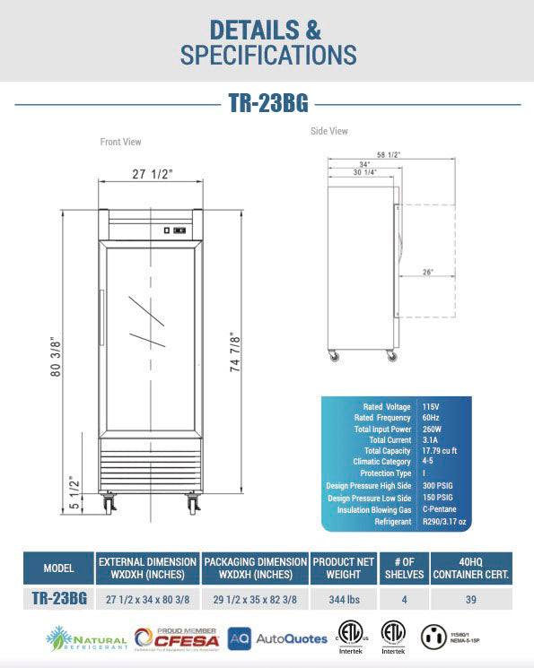 Chef AAA - TR-23BG, 27" 1 Glass Door Reach-in Refrigerator 17.7 cu. ft.