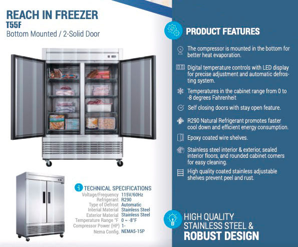 Chef AAA - T55F, Commercial 55" Reach-In Freezer Solid 2 Door 40 cu.ft.