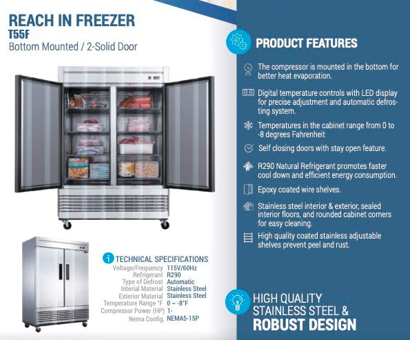 Chef AAA - T55F, Commercial 55 Reach-In Freezer Solid 2 Door 40 cu.ft.