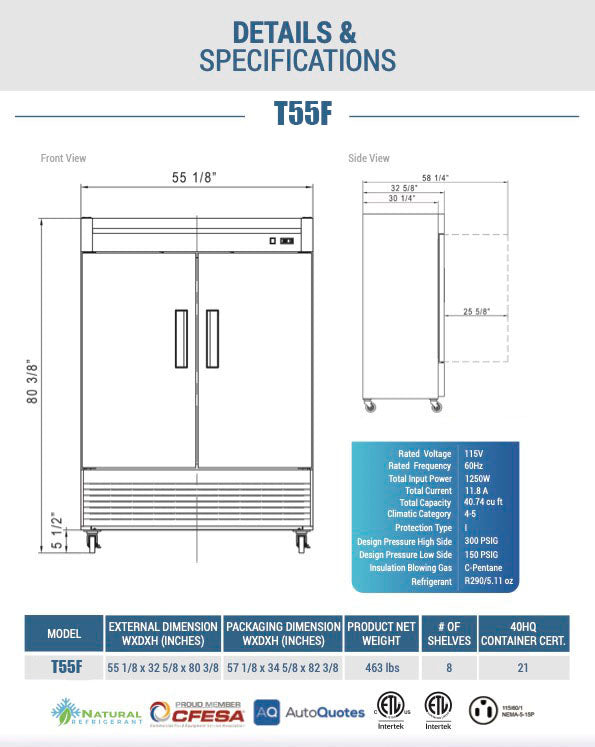 Chef AAA - T55F, Commercial 55" Reach-In Freezer Solid 2 Door 40 cu.ft.