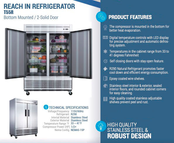 Chef AAA - T55R, Commercial 55" Reach-In Refrigerator Solid 2 Door 40 cu.ft. NSF