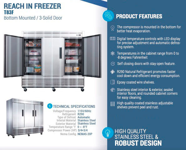 Chef AAA - T83F, Commercial 83" Reach-In Freezer 3 Solid Door Stainless Steel 64 cu.ft.