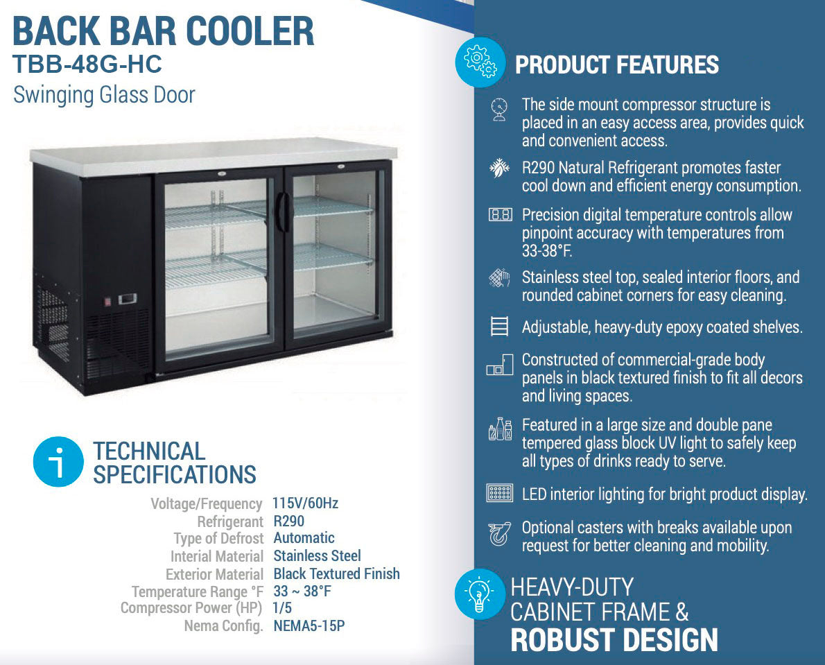 Chef AAA - TBB-48G-HC, Commercial 49" Glass Door Back Bar Refrigerator 11.2 cu.ft.