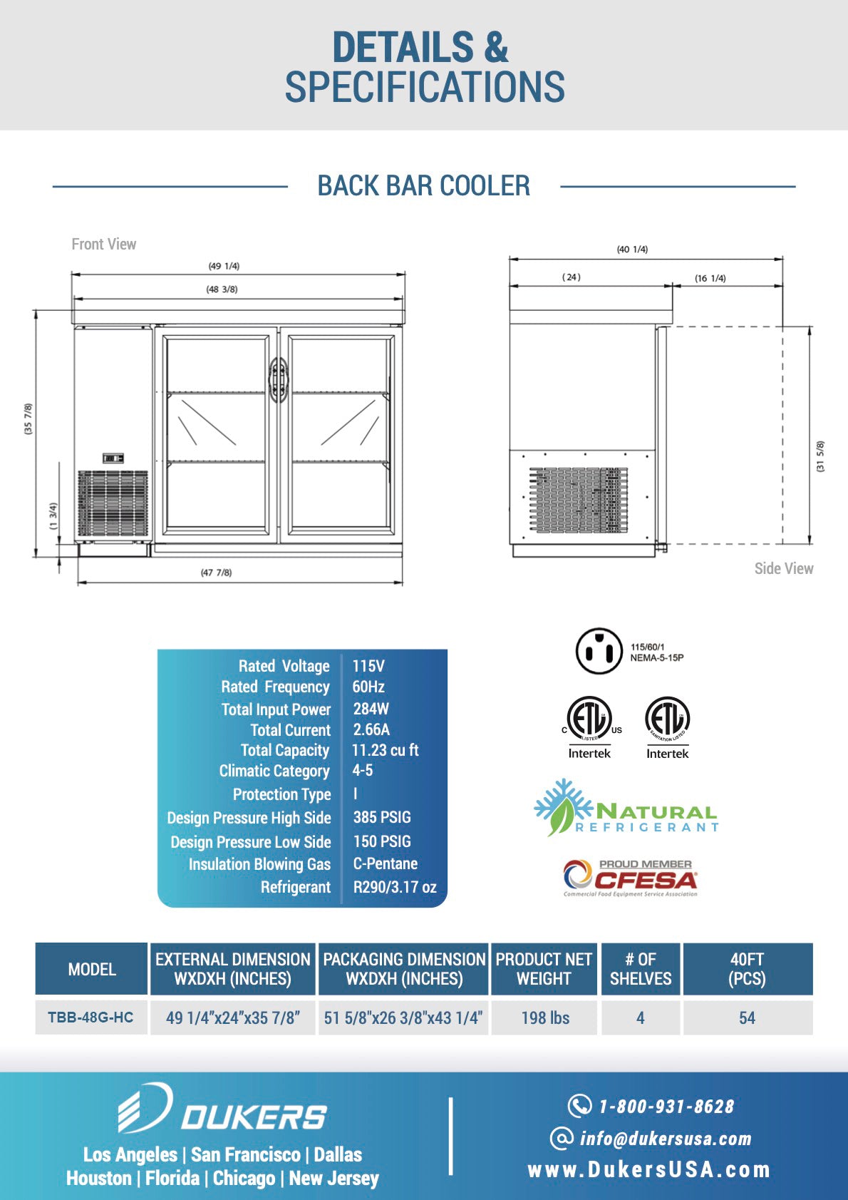 Chef AAA - TBB-48G-HC, Commercial 49" Glass Door Back Bar Refrigerator 11.2 cu.ft.