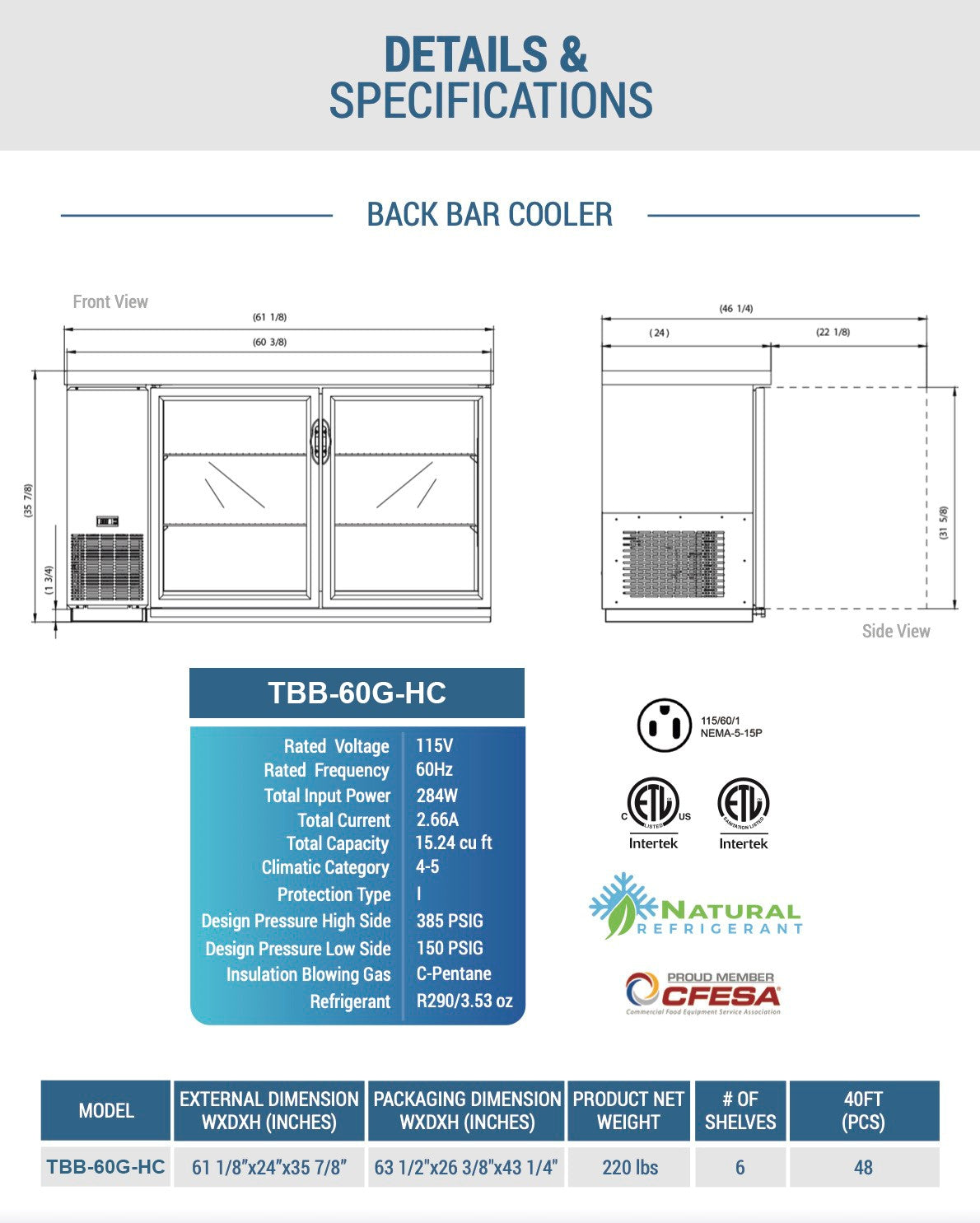 Chef AAA - TBB-60G-HC, Commercial 61" Glass Door Back Bar Refrigerator 15.2 cu.ft.