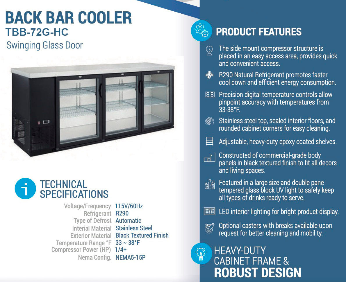 Chef AAA - TBB-72G-HC, Commercial 73" Glass Door Back Bar Refrigerator 19.2 cu.ft.