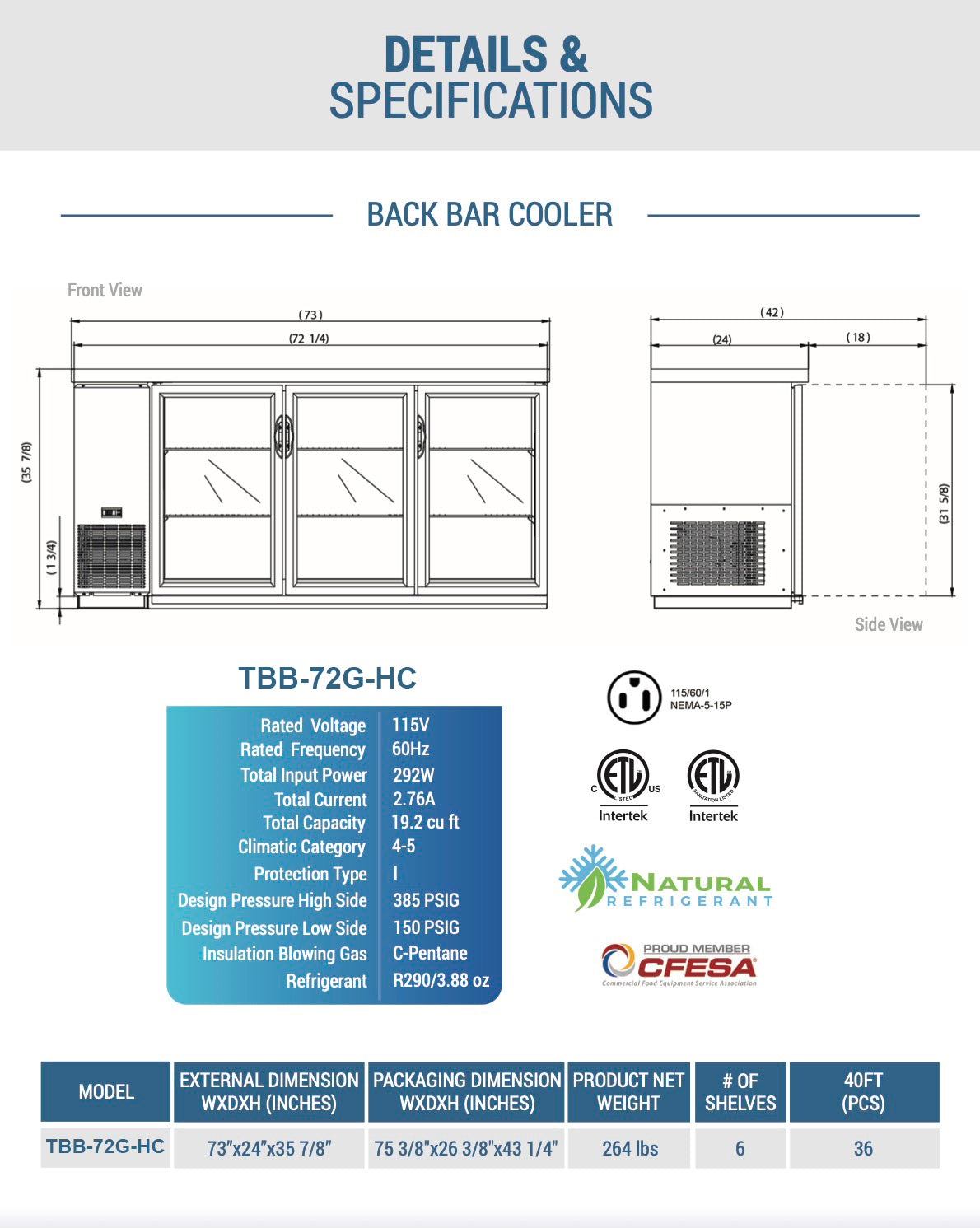 Chef AAA - TBB-72G-HC, Commercial 73" Glass Door Back Bar Refrigerator 19.2 cu.ft.