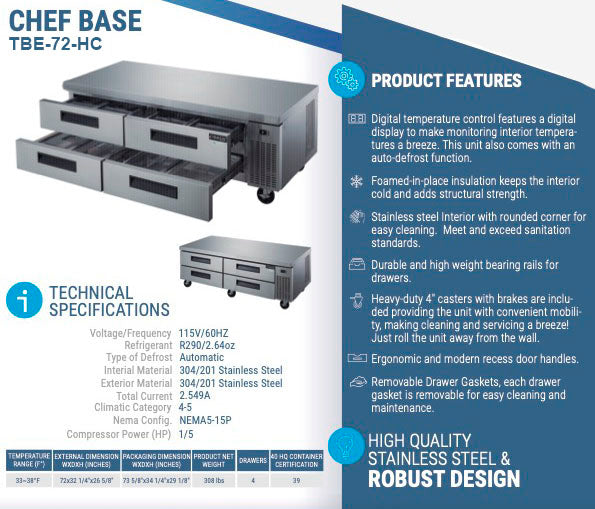 Chef AAA - TBE-72-HC, Commercial 72" Chef Base Refrigerator 4 Drawer 1100lbs Capacity