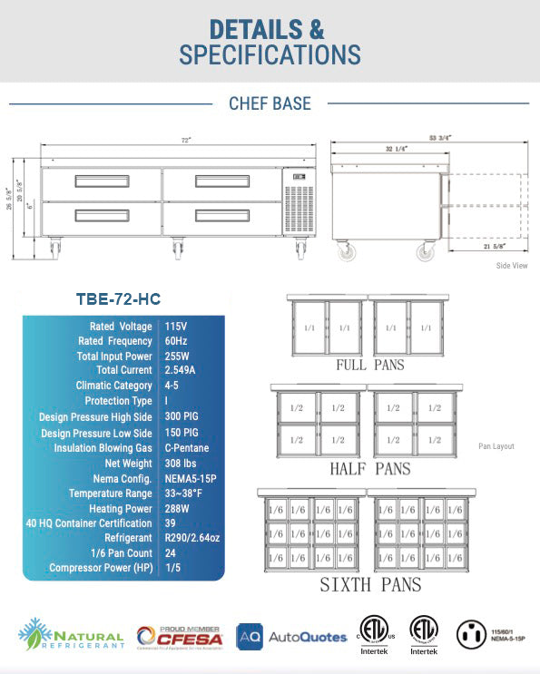 Chef AAA - TBE-72-HC, Commercial 72" Chef Base Refrigerator 4 Drawer 1100lbs Capacity