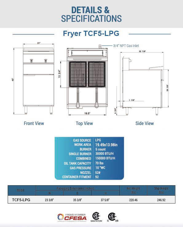 Chef AAA - TCF5-LPG, Commercial 70lbs Liquid Propane Gas Fryer with 5 Tube Burners