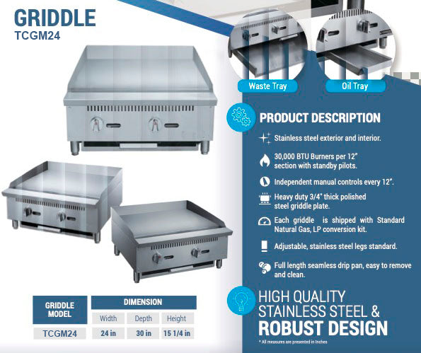 Chef AAA - TCGM24, Commercial 24 in. Countertop with Griddle with 2 Burners NG