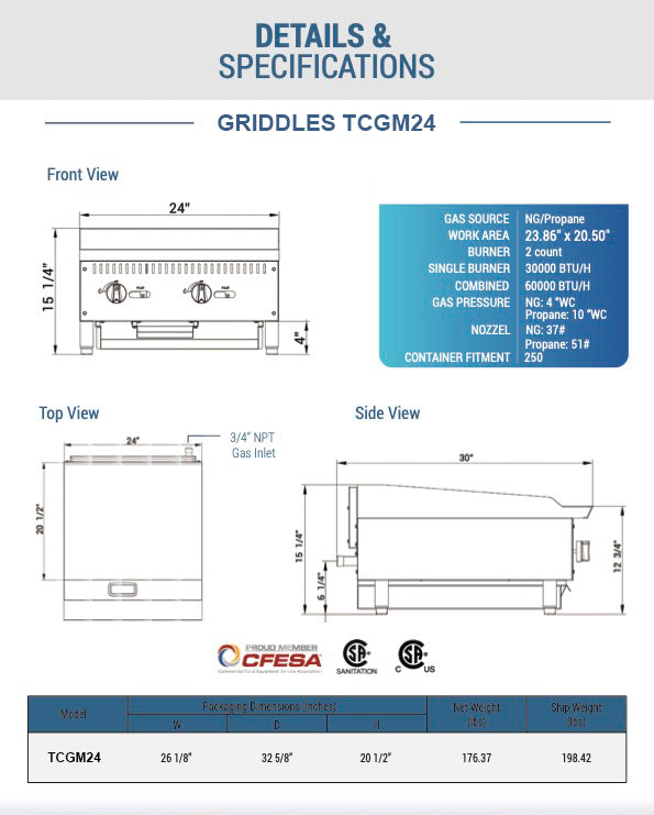 Chef AAA - TCGM24, Commercial 24 in. Countertop with Griddle with 2 Burners NG