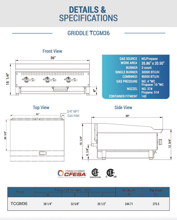 Chef AAA - TCGM36, Commercial 36 in. Countertop with Griddle with 3 Burners NG